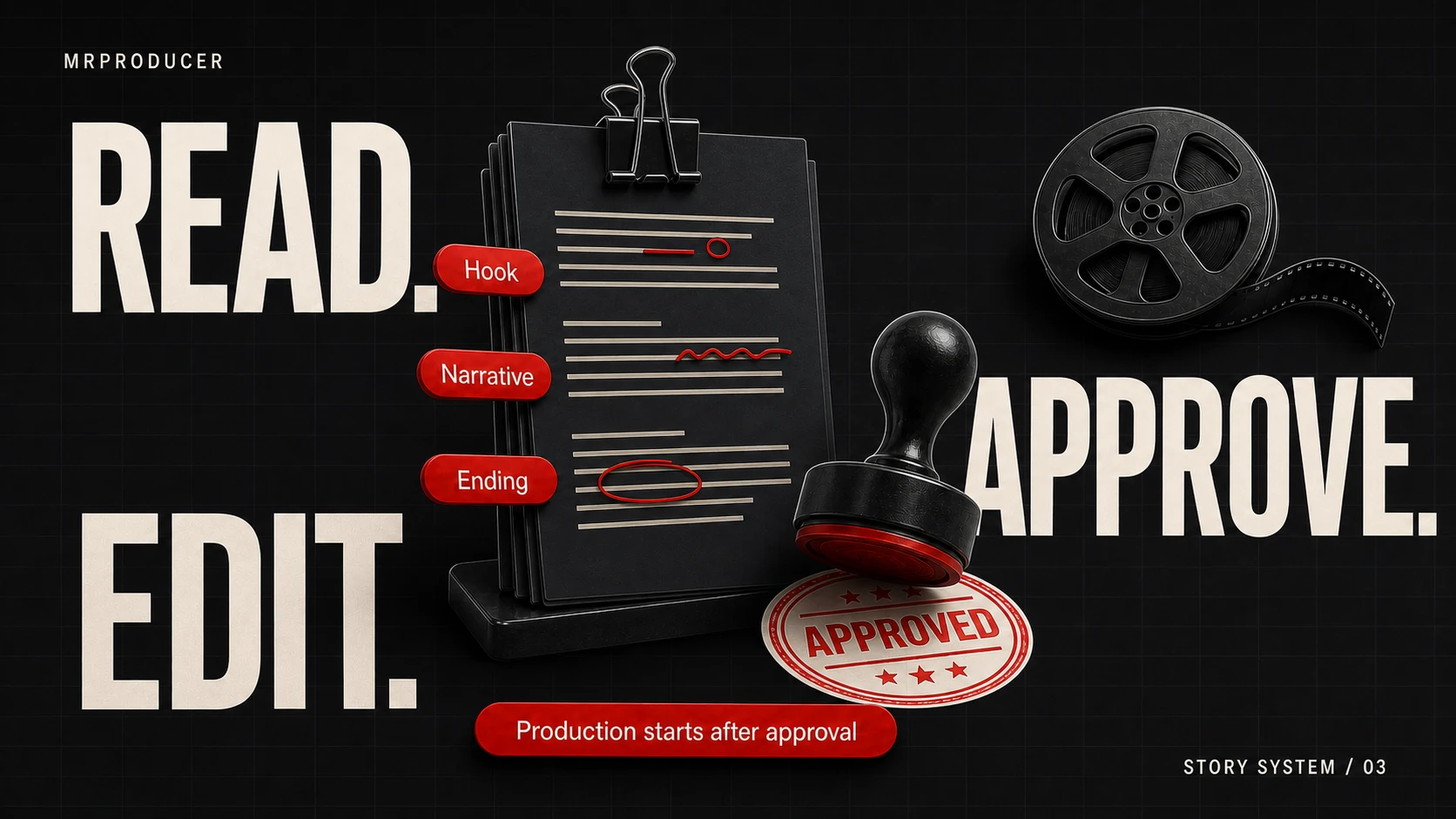 Hook, narrative, and ending edits followed by approval and production